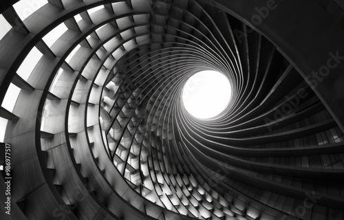 A black and white photograph of a spiral concrete structure with a circular opening at the top, showcasing abstract architectural patterns and geometric designs.