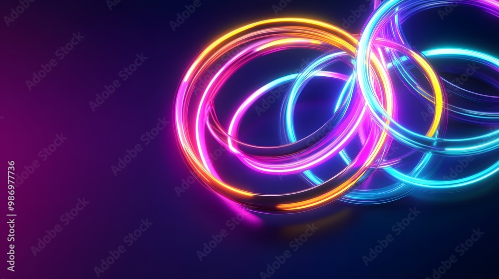 Interlocking rings of neon light in vibrant colors, set against a dark background. The glowing rings create a mesmerizing atmosphere full of energy. Stage Light Backdrop Concept Interlocking rings of neon light in vibrant colors, set against a dark background. The glowing rings create a mesmerizing atmosphere full of energy. Stage Light Backdrop Concept