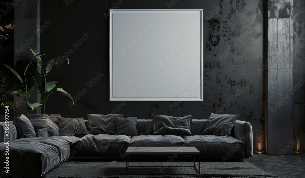 Blank Canvas Mockup in a Dark Modern Living Room Blank Canvas Mockup in a Dark Modern Living Room