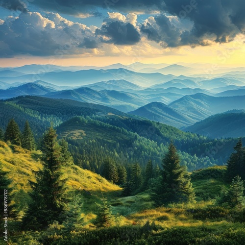 serene mountain landscape panoramic view, layers of green hills and blue peaks, misty