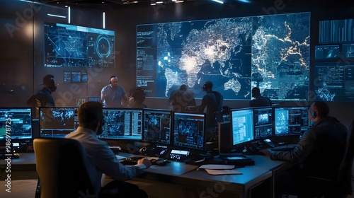 Security teams in a high-tech control room managing a cyber attack, with monitors showing threat maps and data streams.