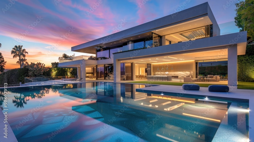 Luxurious modern mansion with pool at twilight Luxurious modern mansion with pool at twilight