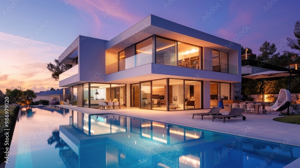 Luxurious modern mansion with pool at twilight Luxurious modern mansion with pool at twilight