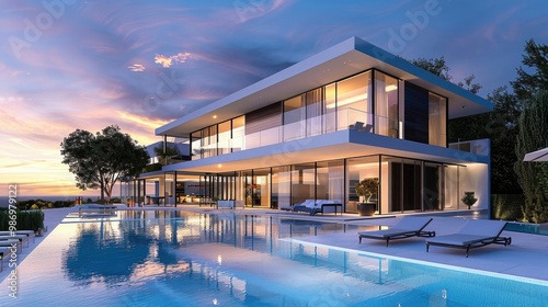 Luxurious modern mansion with pool at twilight