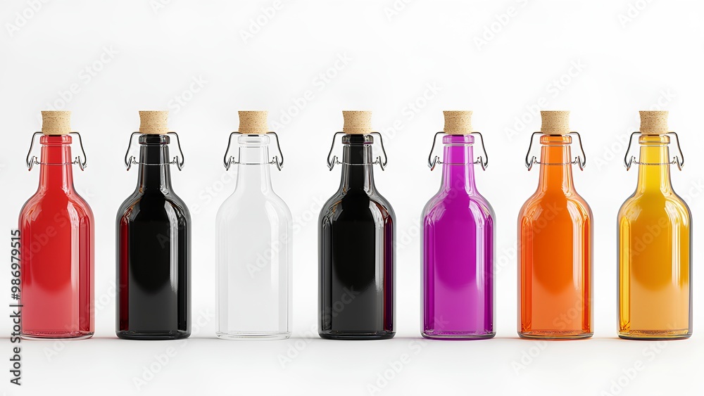Vibrant Collection of Colored Glass Bottles: Aesthetic Display of Assorted Beverages Vibrant Collection of Colored Glass Bottles: Aesthetic Display of Assorted Beverages