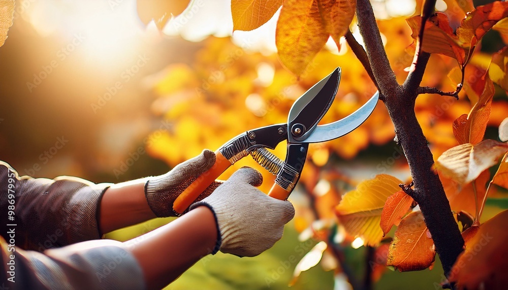 Autumn trees trimming with pruning shears in the garden