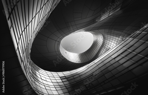 Abstract black and white photo of a modern architectural design with curved lines and a circular opening in the ceiling.