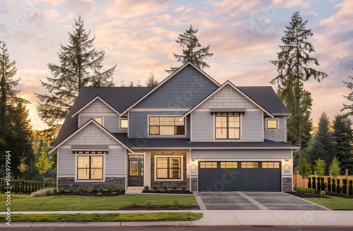 Modern two story house with a grey siding exterior photo