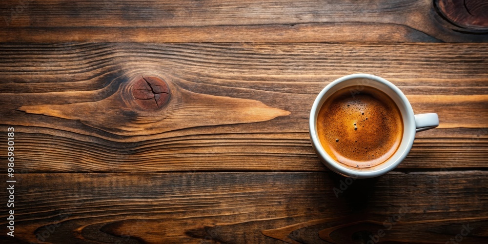 Top view of a freshly brewed espresso coffee on a rustic wooden surface, with space for text Top view of a freshly brewed espresso coffee on a rustic wooden surface, with space for text