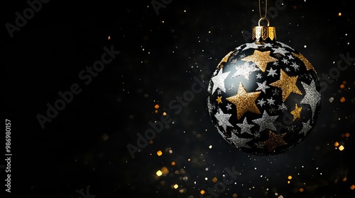 A black and gold christmas ornament with stars on it