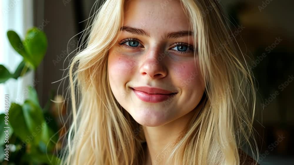 Young woman with long blonde hair smiling warmly in a cozy indoor setting with soft lighting and greenery in the background Young woman with long blonde hair smiling warmly in a cozy indoor setting with soft lighting and greenery in the background