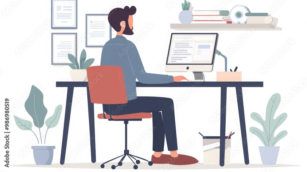 Man sitting at desk working from home on computer