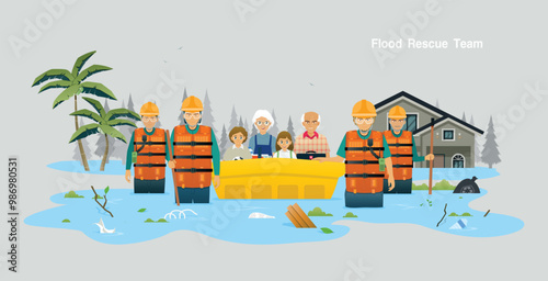 The flood rescue team is helping the victims to safety.