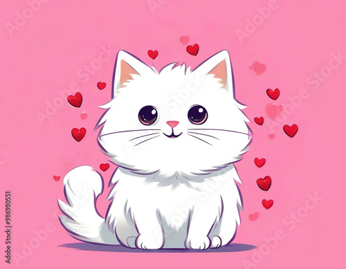 white fluffy cute cat with red hearts on pink background. postcard, sticker, poster for Valentine Day.