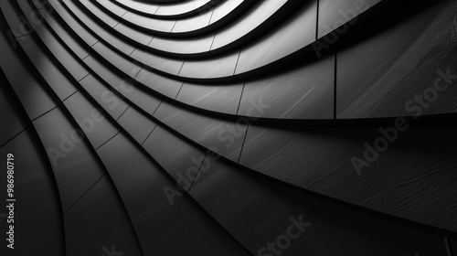 A close-up of abstract black curved panels with a textured surface, creating a modern and geometric design.