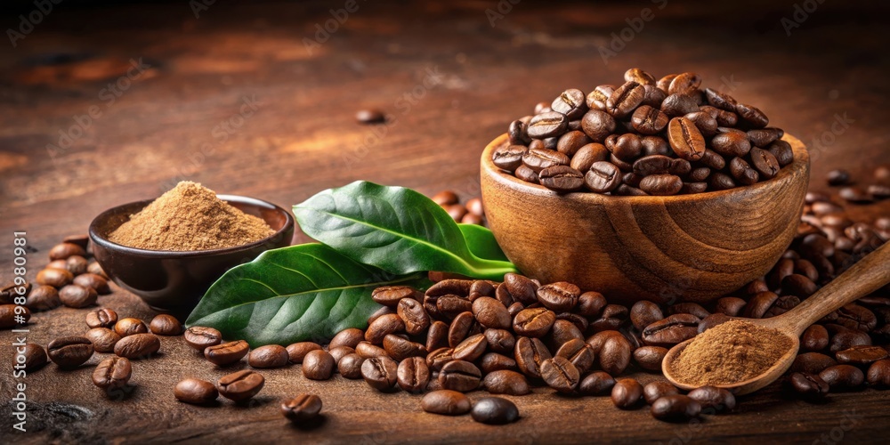Obraz premium Fresh organic coffee beans and ground powder with cane sugar cubes and coffee tree leaf on brown background