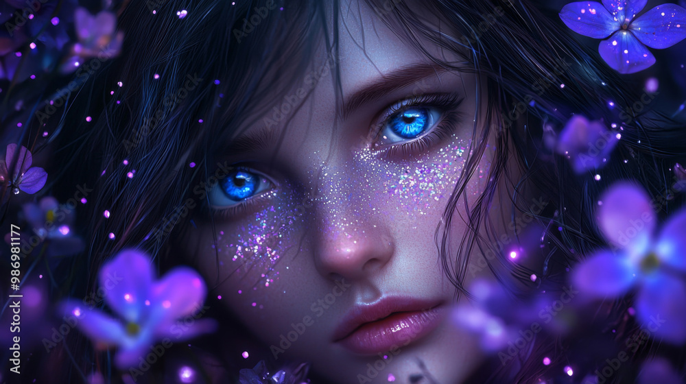 A woman with blue eyes and purple hair is surrounded by purple flowers