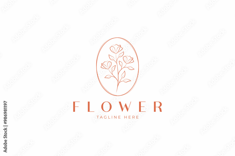 Logo Flower Minimalist Hand Drawn Style with Oval Frame Ornament Symbol Logo Flower Minimalist Hand Drawn Style with Oval Frame Ornament Symbol