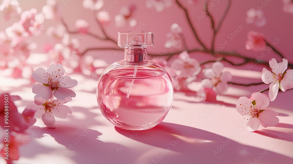 A glass perfume bottle with soft pink liquid set on a pink surface, surrounded by cherry blossoms and soft lighting, evoking a romantic and elegant atmosphere. A glass perfume bottle with soft pink liquid set on a pink surface, surrounded by cherry blossoms and soft lighting, evoking a romantic and elegant atmosphere.