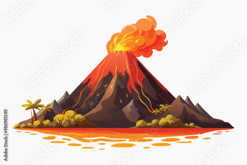 Erupting volcano with lava flow