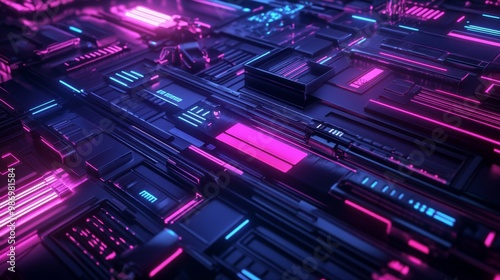 A close-up abstract view of a futuristic metallic surface with glowing neon lights in shades of blue and pink.