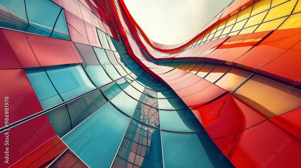 Fototapeta premium A close-up view of a modern building's facade, featuring a dynamic interplay of red, blue, and yellow glass panels.