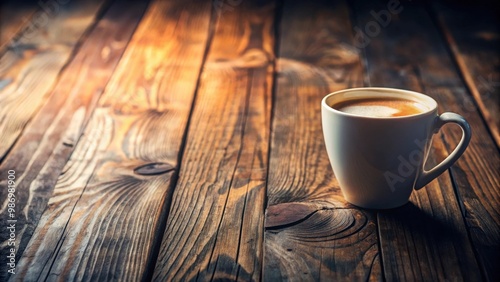 Coffee mug placed on a rustic wooden table