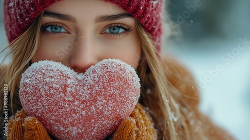 Frosted heart held by a beautiful young woman in winter, capturing the spirit of Christmas photo