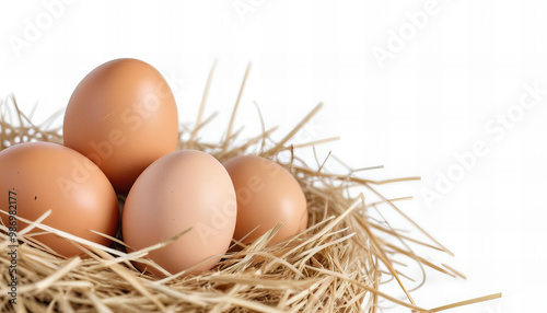 Fresh Brown Chicken Eggs in a Straw Nest