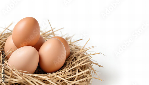 Fresh Brown Chicken Eggs in a Straw Nest