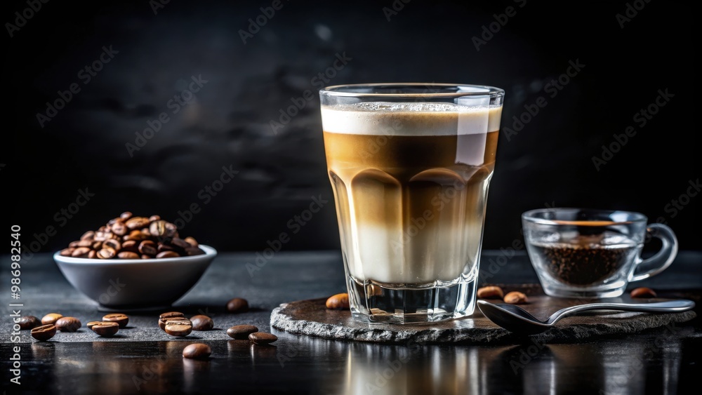 Aerocano coffee served in a glass with espresso, water, ice froth, and foam on black background Aerocano coffee served in a glass with espresso, water, ice froth, and foam on black background