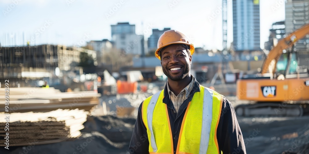 A man in a hard hat and safety vest smiles at the camera in a construction site.