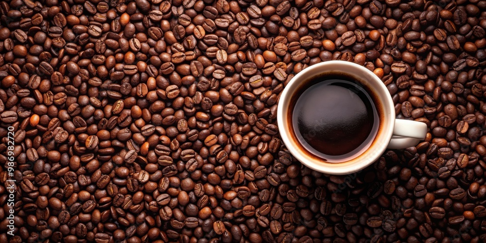Naklejka premium A cup of black coffee surrounded by scattered coffee beans