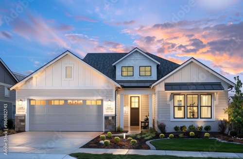 Modern farmhouse with white exterior and gray roof