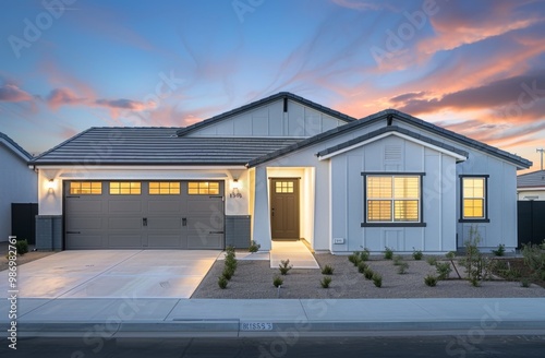 A modern house with gray garage doors, a patio, and a walkway surrounded by landscaping, with a pink sunset sky. photo