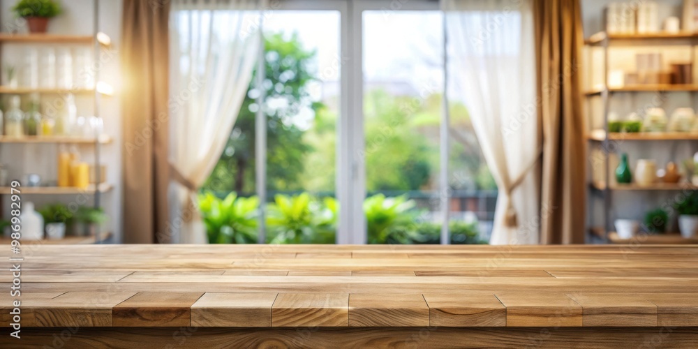 Wooden table top with product display over blurred curtained window