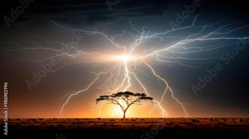 Dramatic lightning strikes over a solitary tree at sunset in an African savanna landscape