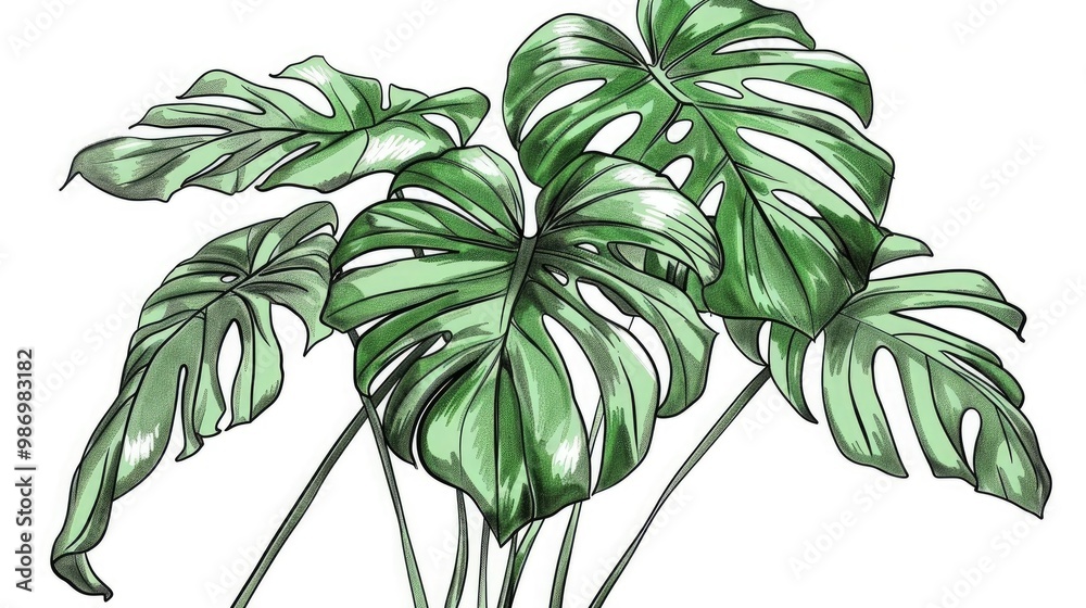 Monstera leaf sketch by hand drawing. Leaf art highly detailed in line art style. Monstera is plant of tropical. Leaf for paint to pattern or wallpaper. AI generated illustration Monstera leaf sketch by hand drawing. Leaf art highly detailed in line art style. Monstera is plant of tropical. Leaf for paint to pattern or wallpaper. AI generated illustration