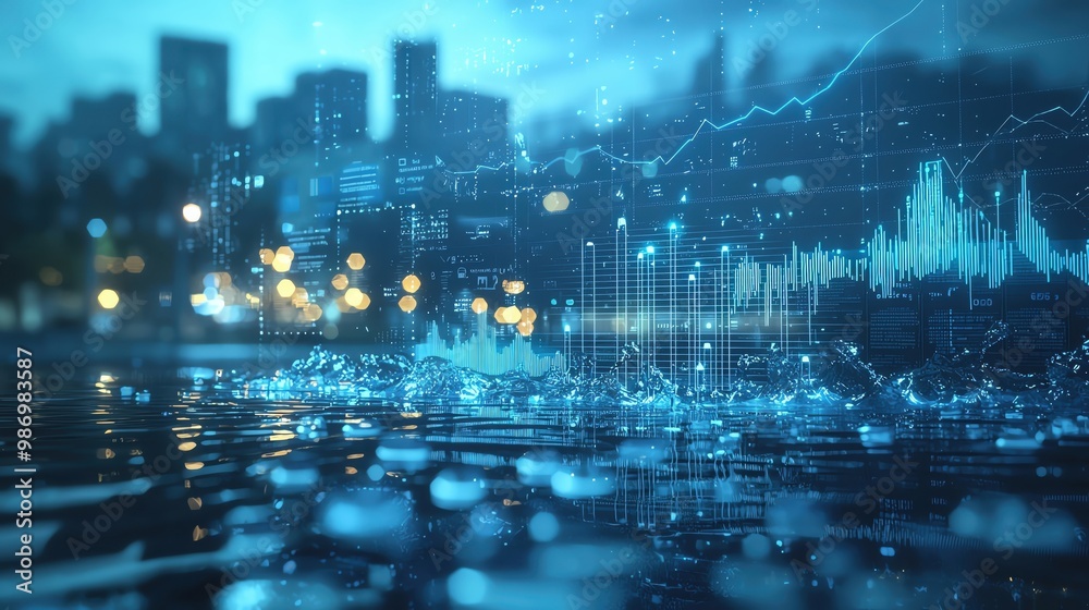 Concept of rainwater harvesting, blue water elements, abstract elegabt modern design, symbolizing city strategies Concept of rainwater harvesting, blue water elements, abstract elegabt modern design, symbolizing city strategies