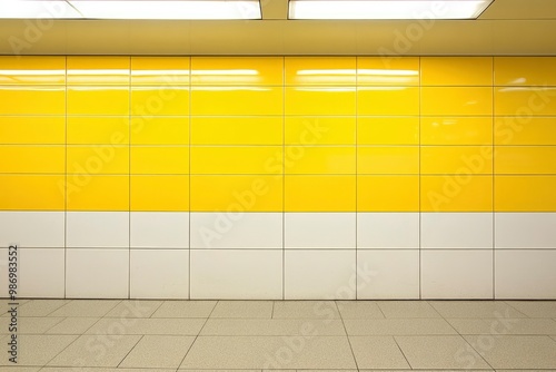 Yellow and White Tiled Wall with a Stone Floor