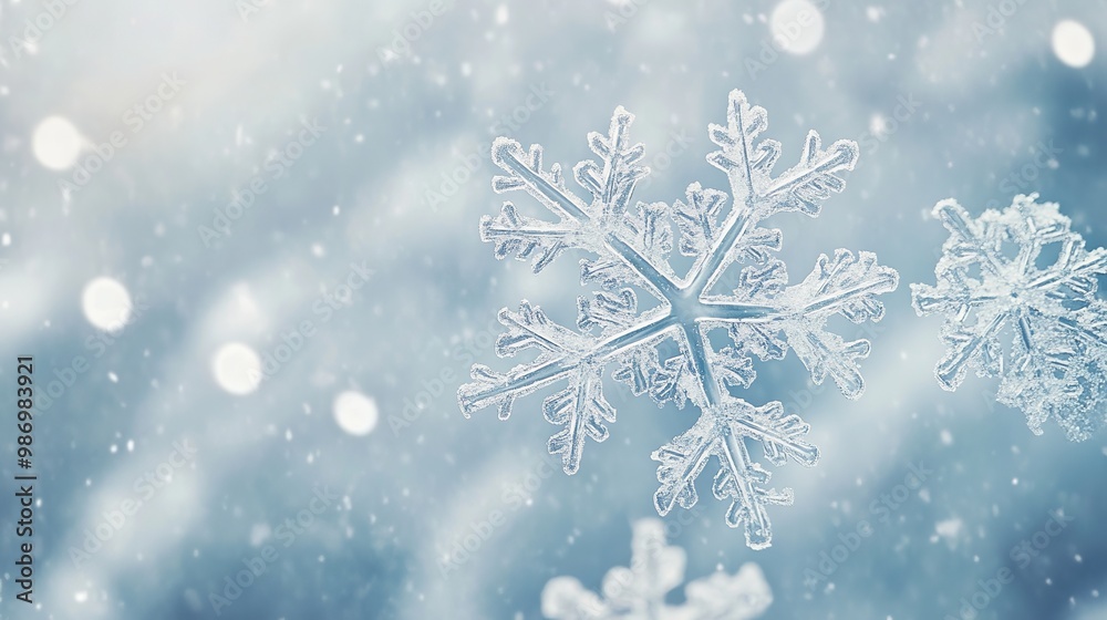 Intricate snowflake details against a serene winter backdrop Intricate snowflake details against a serene winter backdrop