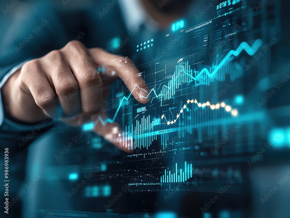 on Businessman background, he touching a growth graph and business plan on a virtual screen with a financial chart and rising stock market graph in the foreground on Businessman background, he touching a growth graph and business plan on a virtual screen with a financial chart and rising stock market graph in the foreground