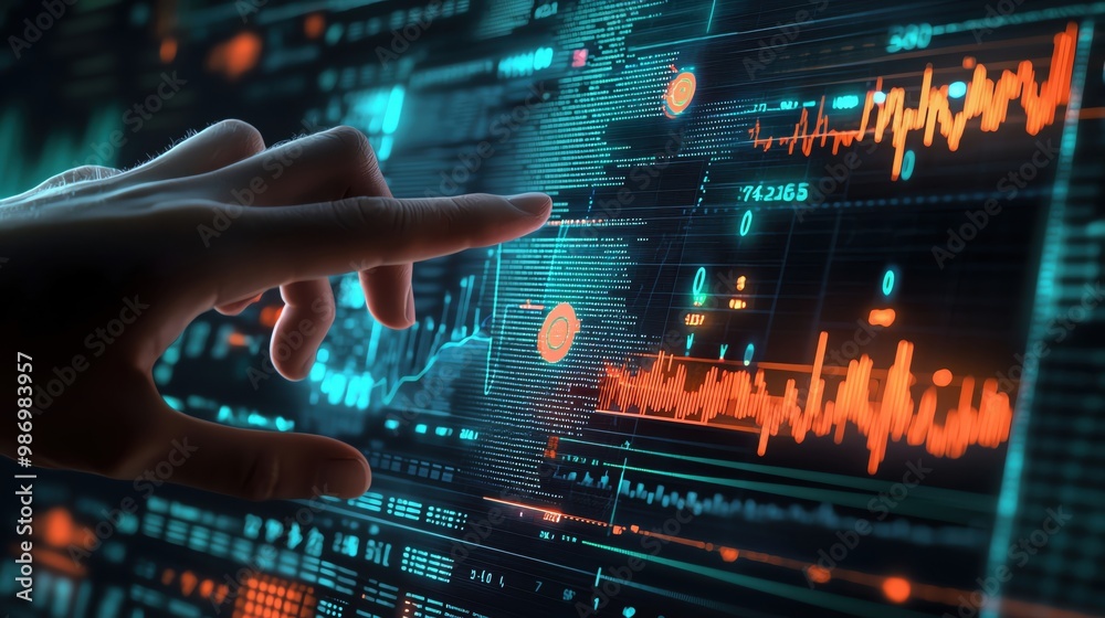 new age touching a growth graph and business plan on a virtual screen with a financial chart and rising stock market graph in the background new age touching a growth graph and business plan on a virtual screen with a financial chart and rising stock market graph in the background