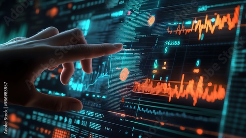 new age touching a growth graph and business plan on a virtual screen with a financial chart and rising stock market graph in the background