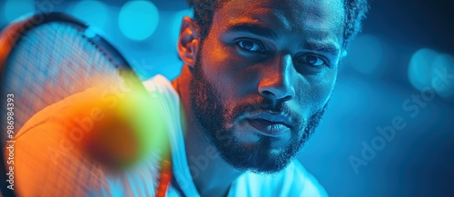 Close-Up of Man Holding Tennis Racket and Ball on Blue Background – High-Resolution Stock Photo with Soft Shadows, Low Contrast, Professional Color Grading, and Film Grain Effect

 photo