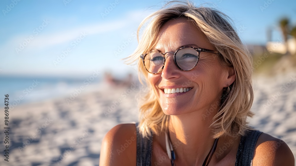 Smiling mature woman at the beach, happy and joyful, enjoying sunny weather near the ocean. Smiling mature woman at the beach, happy and joyful, enjoying sunny weather near the ocean.