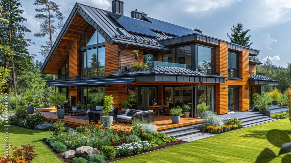Modern house with solar panels, deck, and lawn Modern house with solar panels, deck, and lawn