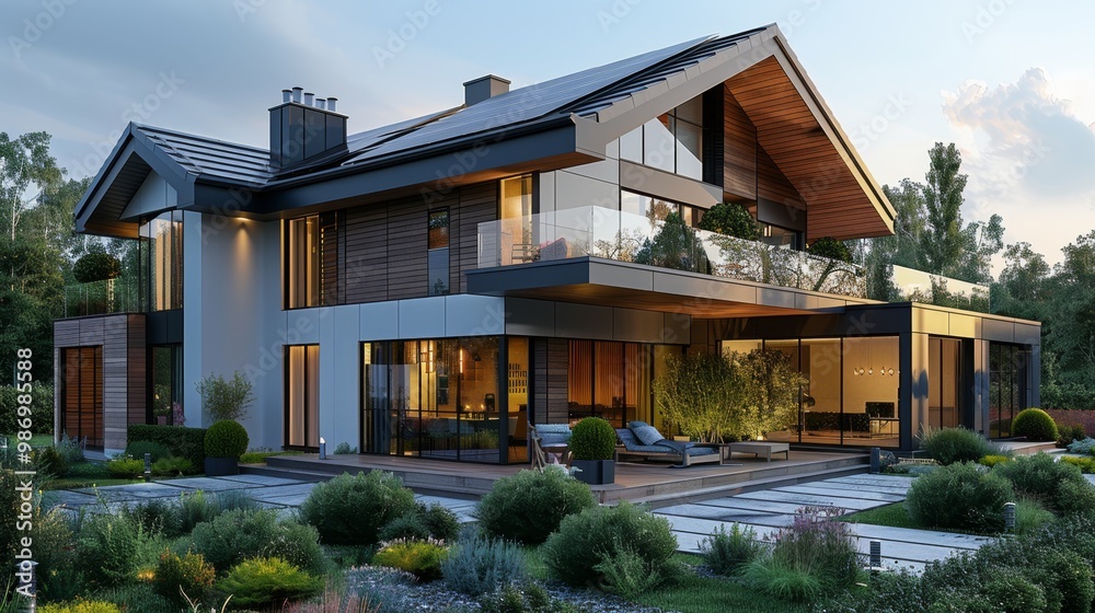 Fototapeta premium Modern two story house with pool and deck