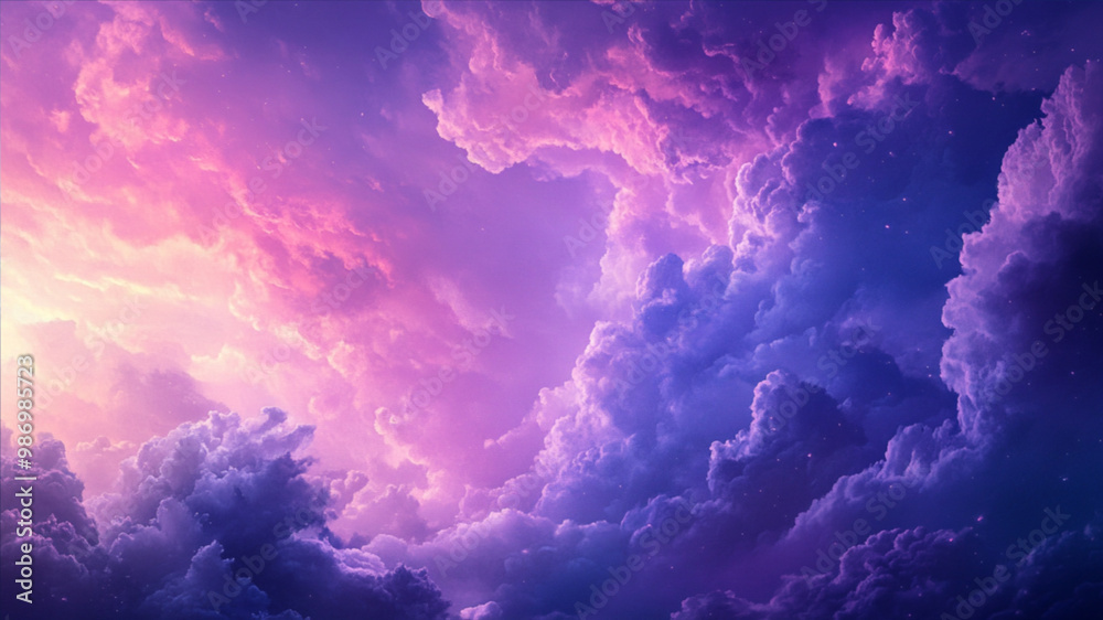 the clouds and floating figures drifting slowly across the sky, with soft sunlight creating a tranquil glow. 