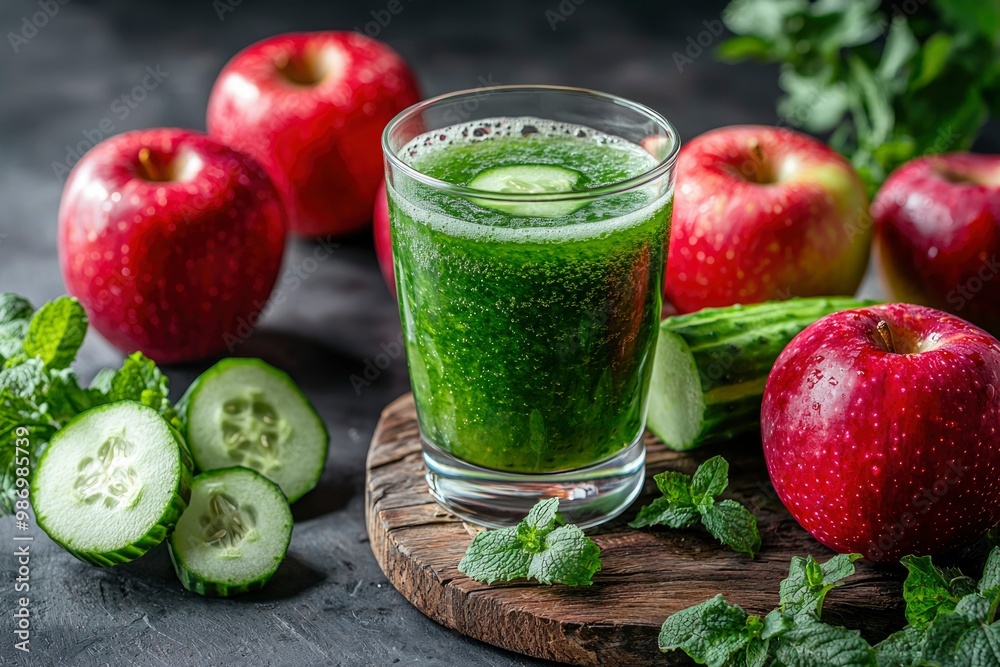 A Glass of Green Smoothie with Apples, Cucumbers, and Mint